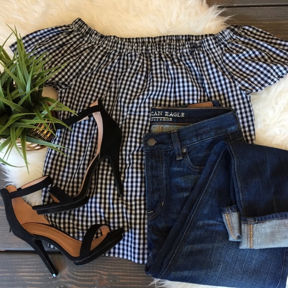 Velvet Heart Checkered Gingham Off Shoulder Top